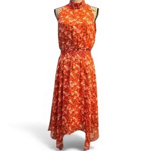Sam Edelman Orange Floral Design Midi Dress with Handkerchief Hem. EC. Size 10